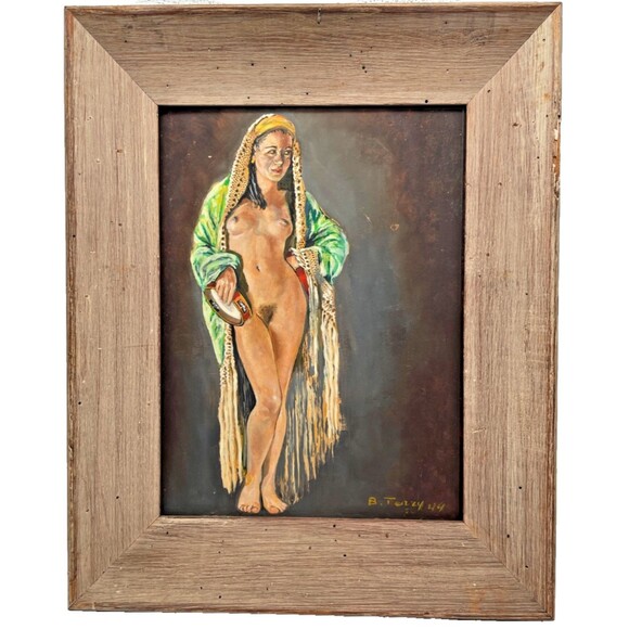 Vtg Framed Oil (?) Painting of Female Nude Standing 21" x 17" Signed B. Terry - Picture 3 of 10